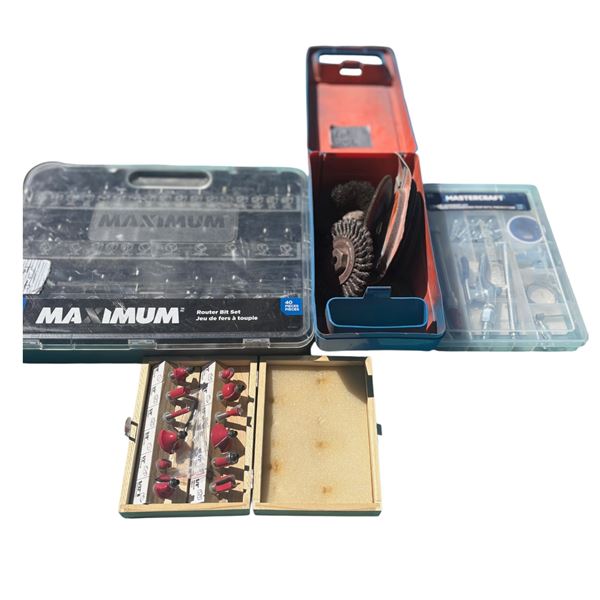2 Router Bit sets, grinder wheel, air nozzle set