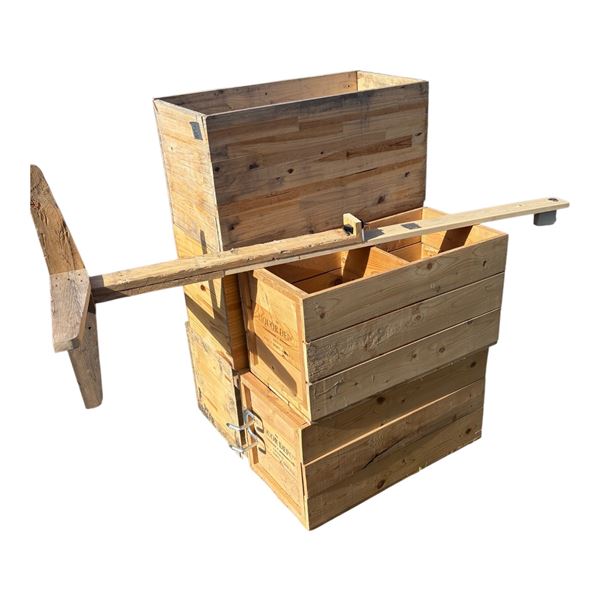 Drafting table, 5 wooden boxes and light on wooden stand