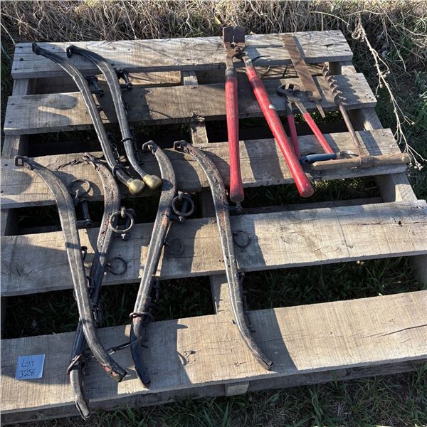 Pallet of antique horse hames, hoof trimmer, cutter, file, wood drill