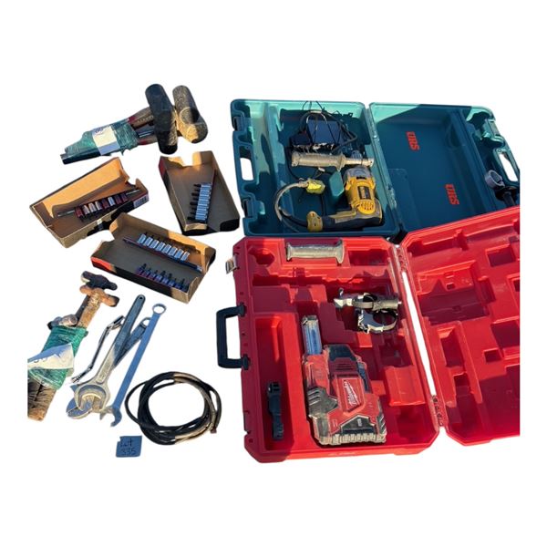 Pallet of Hammers , sockets, Dewalt drill , Milwaukee hammer vac