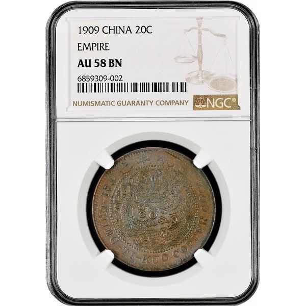 China: Empire, 20 Cash, CD (1909). Hsuan-t'ung (Xuantong [Puyi]). NGC Graded AU 58 BN. (Y-21).