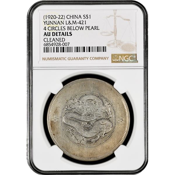 China: Yunnan Province, 1 Dollar (1920-22), 4 Circles Below Pearl, NGC Graded AU DETAILS - CLEANED. 