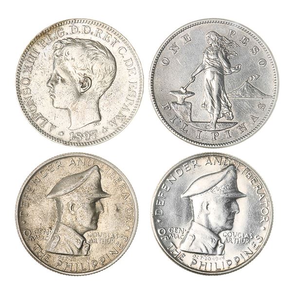 Philippines. Spanish period-early Republic. Quartet of Silver Crowns, 1897-1947.,