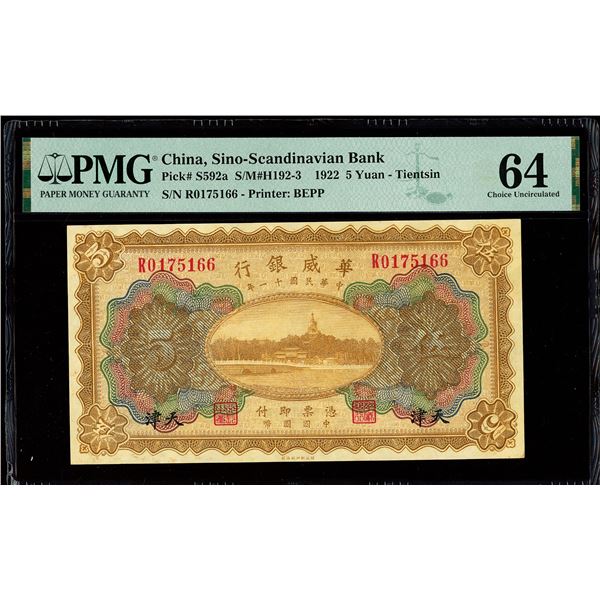 China, 1922 5 Yuan - Tientsin, Sino-Scandinavian Bank, S/M#H192-3, PMG 64 Choice Uncirculated (Pick-