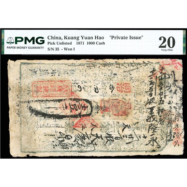 China, 1871 1000 Cash, Kuang Yuan Hao "Private Issue" PMG 20 Very Fine (Pick-Unlisted)