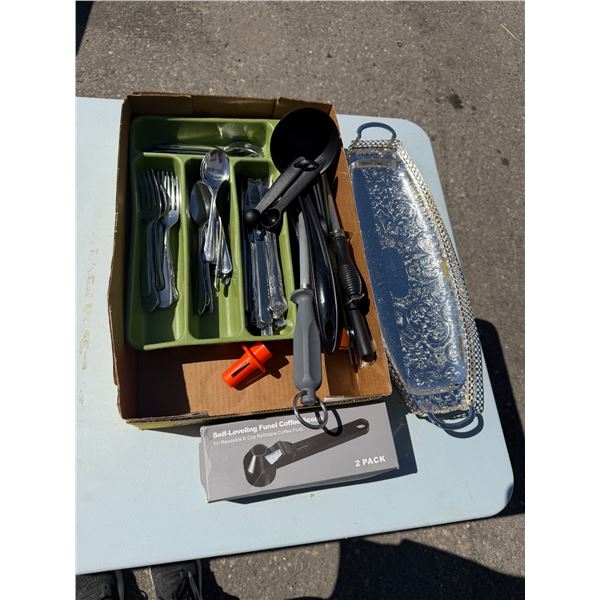 Cutlery, tray and funnel coffee scoop