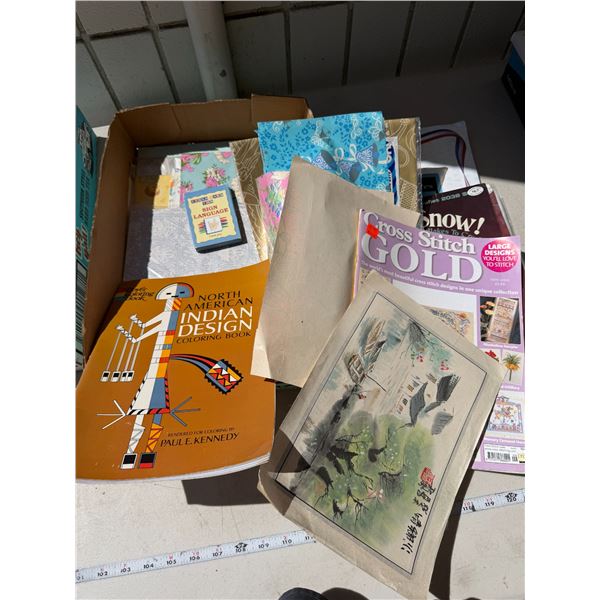 Crafting items, vintage gift wrap, coloring book