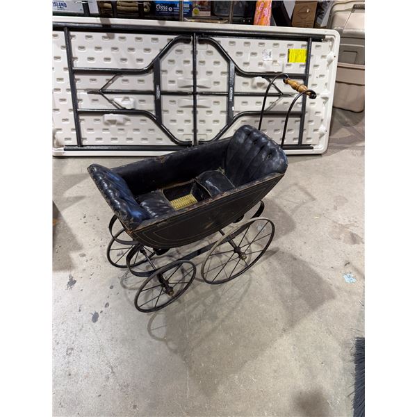 Vintage black leather, two seat, doll pram