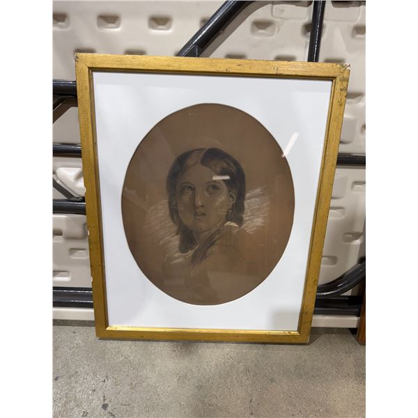 Original pastel charcoal, framed portrait of a lady