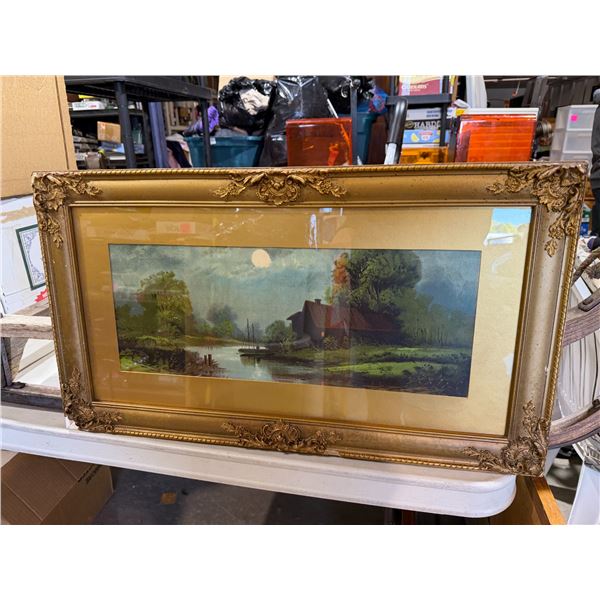 Coordinate framed chromolithograph lake boat, house in Moonlight
