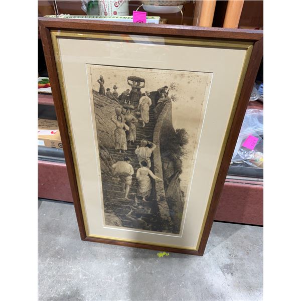Large framed engraving, Italian ladies, the old steps at Capri
