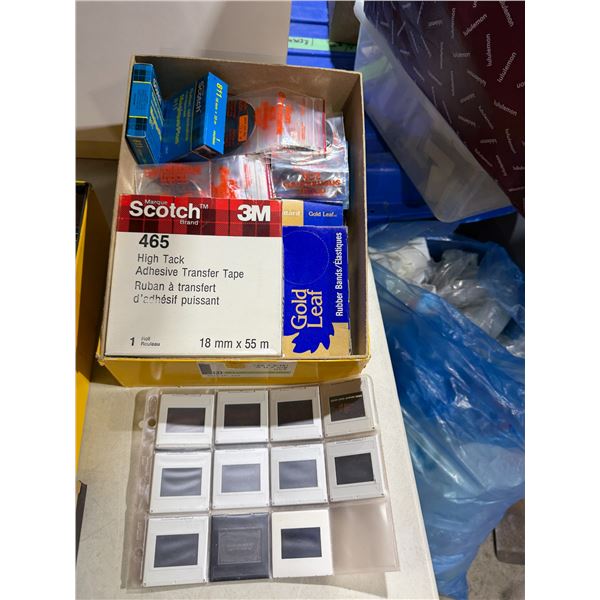 Slides and adhesive, tape, rubber bands, and other items