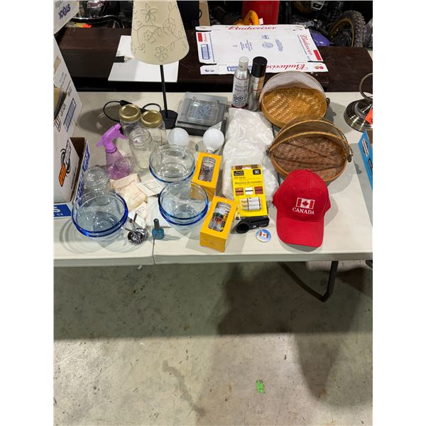 Bowls, lamp, mason jars, baskets, fill sticks, and other items