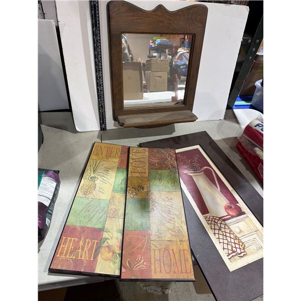 3 wall hangings and mirror