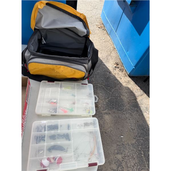 Fish weights and hooks and PLANO tackle bag