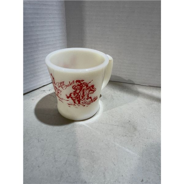 vintage Anchor Hocking Fire King Davy Crockett mug in white milk glass with red graphics.