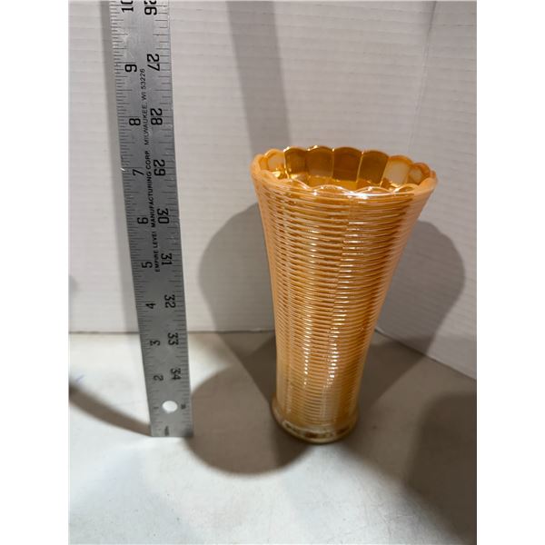 vintage Fire King peach luster flower vase made by Anchor Hocking featuring a ribbed design and a sc