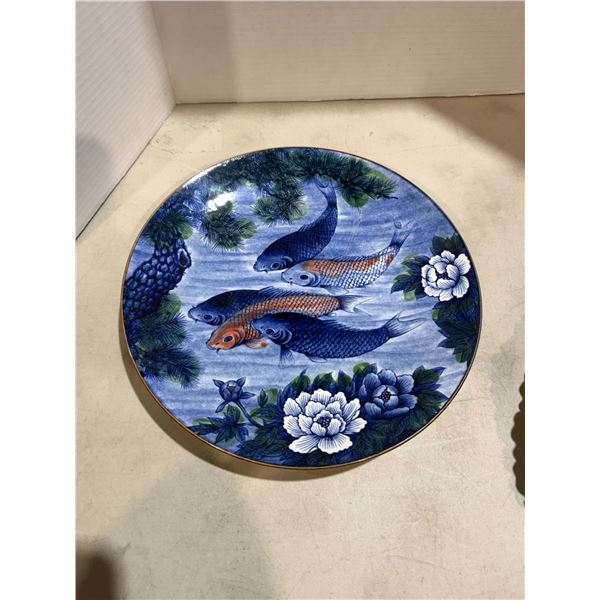 Sun ceramics made in Japan Koi fish plate