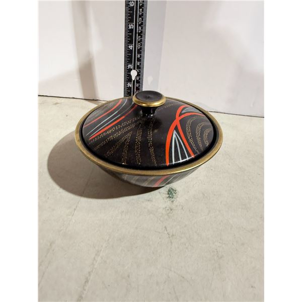 vintage West German ceramic trinket dish or ashtray with a lid and gold accents, produced by Dumler 