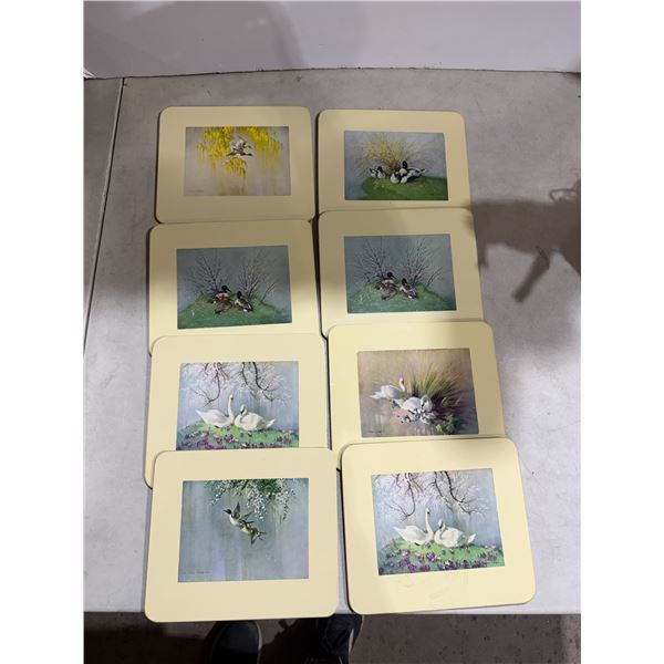 vintage Vernon Ward bird-themed drink coasters/ trivets , likely from the 1950s or 1960s, featuring 