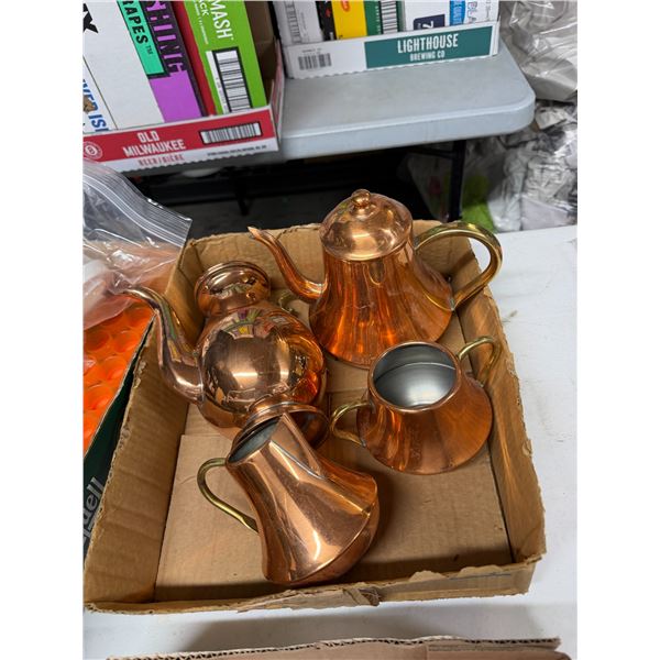 vintage copper tea set with brass handles and accents
