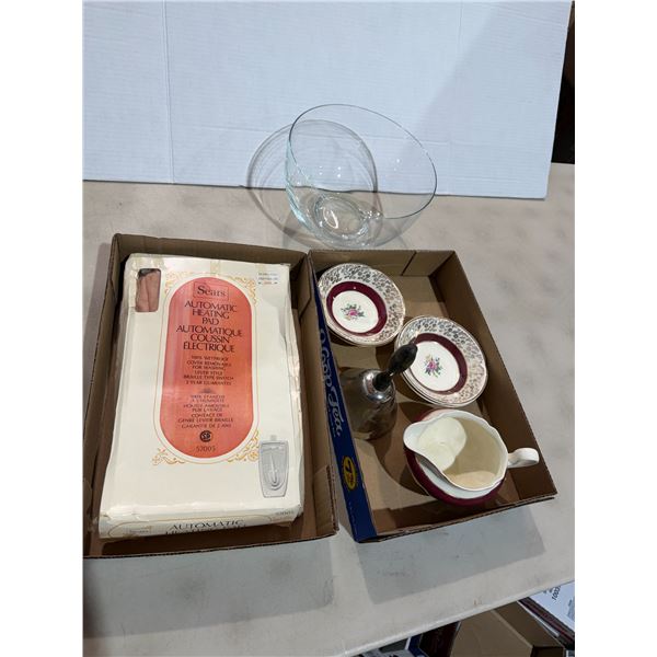 Miscellaneous lot bells, dishes, heating pad bowl et