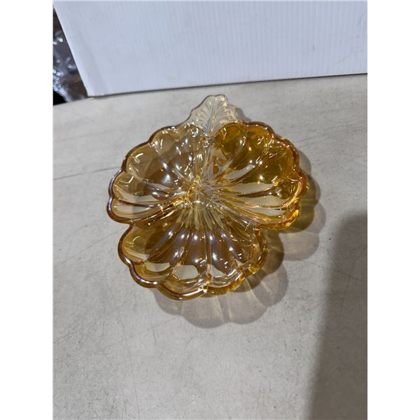 vintage Jeannette Glass Company marigold carnival glass three-leaf clover divided candy dish.