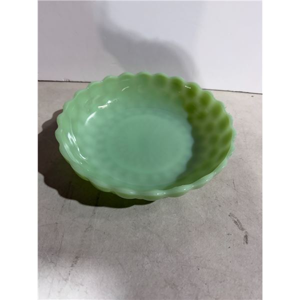 vintage Fire-King Jadeite serving bowl featuring the "Bubble" pattern with a distinct scalloped edge