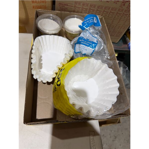 Coffee filters and cupcake, papers, and other items