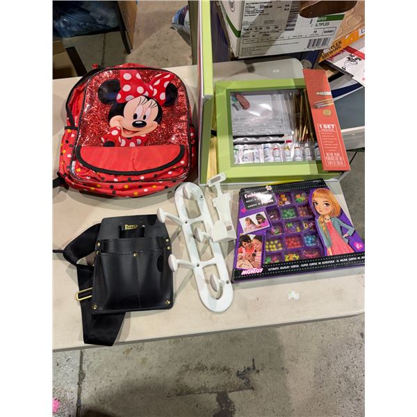 Minnie, mouse, backpack, and crafting and other supplies