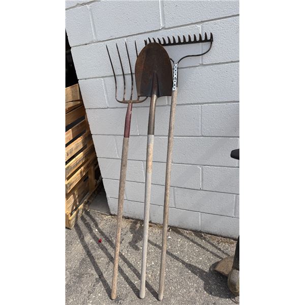 Pitchfork shovel and rake