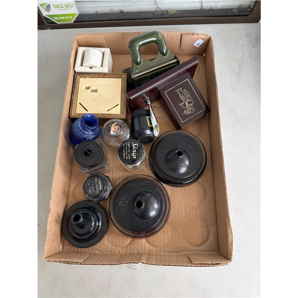 Flat of inkwells and Vintage Office Items