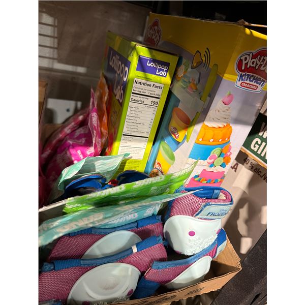 Slimy, sand, lollipop items, Play-Doh, protective gear, etc.