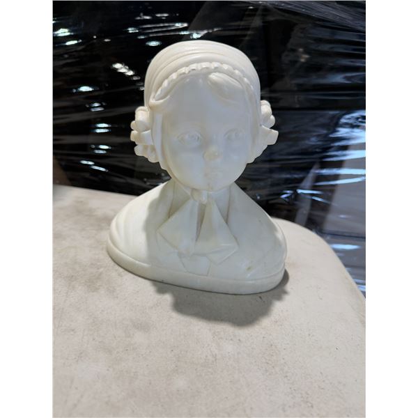 white bisque porcelain bust of a young girl wearing a bonnet