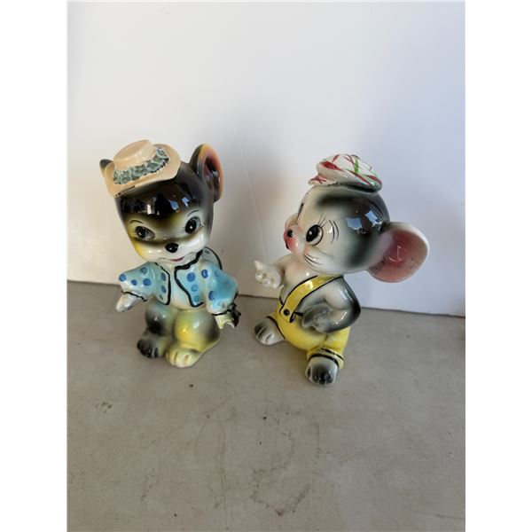vintage anthropomorphic ceramic mouse figurines, possibly from the 1940s or 1950s Japan