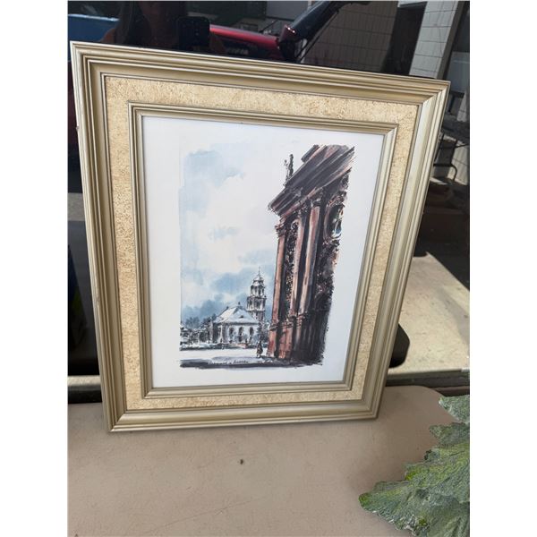 vintage framed print depicting a German cityscape, featuring watercolor-style drawings