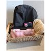 Image 1 : Basket, Victoria's Secret makeup bag, and other miscellaneous items