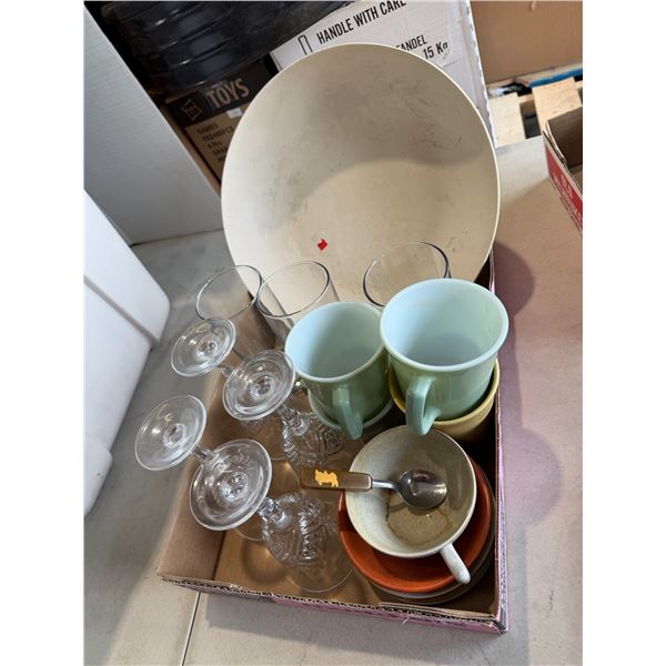 Assorted dishes, corning ware, cups, and glasses, etc.