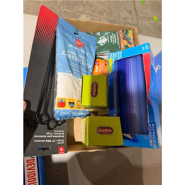 Starbucks, coffee teas Ziploc bags, cheese cloth barbecue skewers