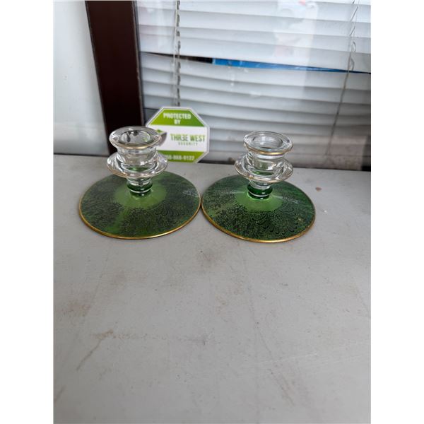 vintage Cambridge etch  glass candle holders featuring gold trim and a floral design