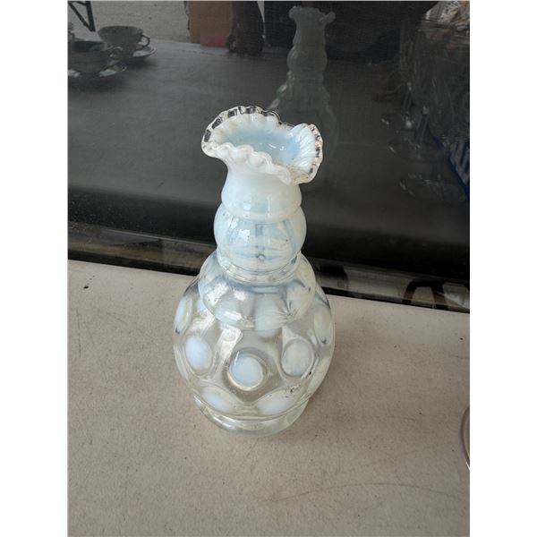 Fenton Art Glass blue opalescent coin dot ruffled edge bud vase.