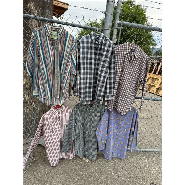 Assorted dress shirts, Levi's, BASS, Eddie Bauer, and other size small/medium