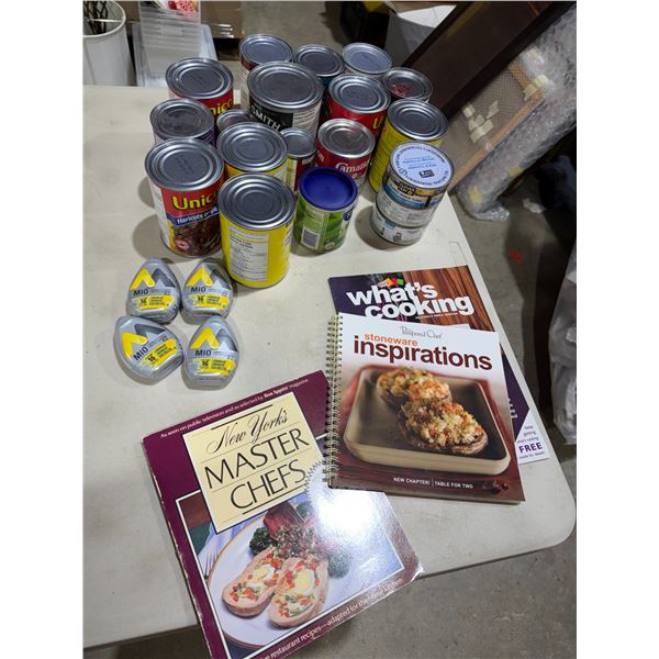 Assorted food and cookbooks