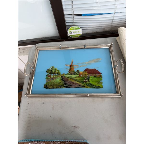 vintage silver-plated or chrome serving tray featuring a reverse-painted glass panel of a Dutch wind