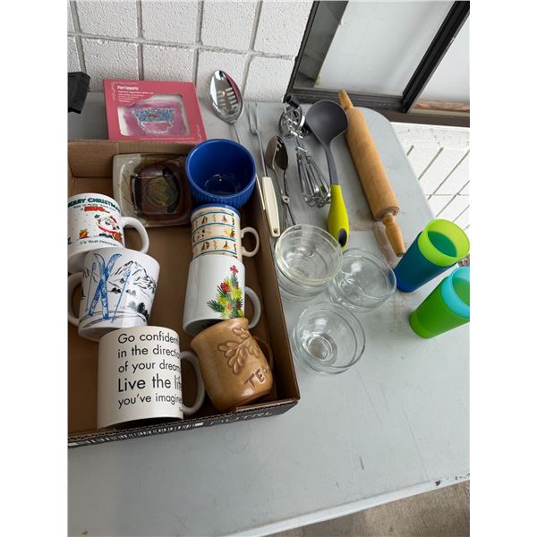Sort of kitchen items, Tim Hortons smoke Starbucks mug Pyrex, glass dishes, etc.