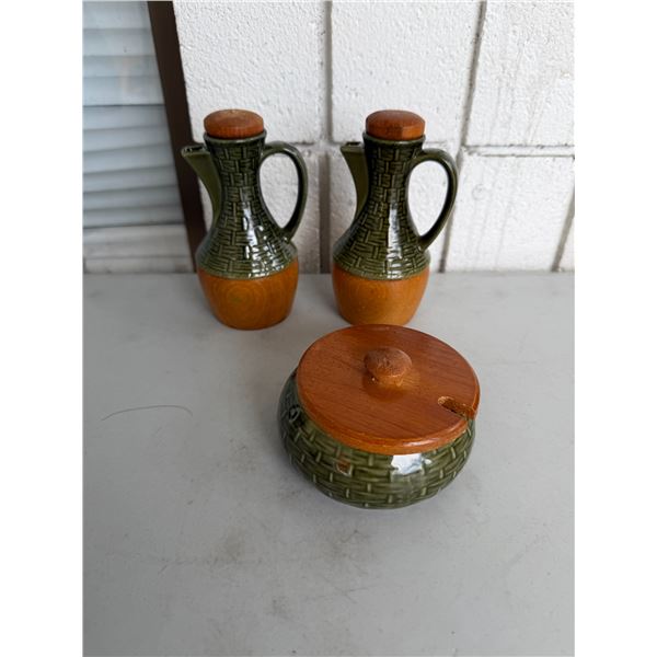 vintage ceramic and wood condiment set from the 1960s-1970s