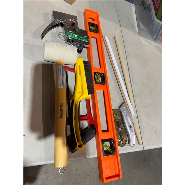 Level, rubber, mallets, stapler, etc.