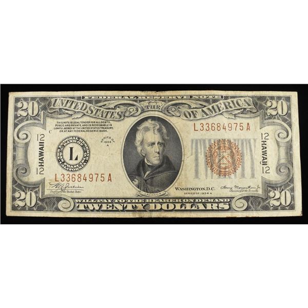 1934A $20 HAWAII WWII EMERGENCY ISSUE