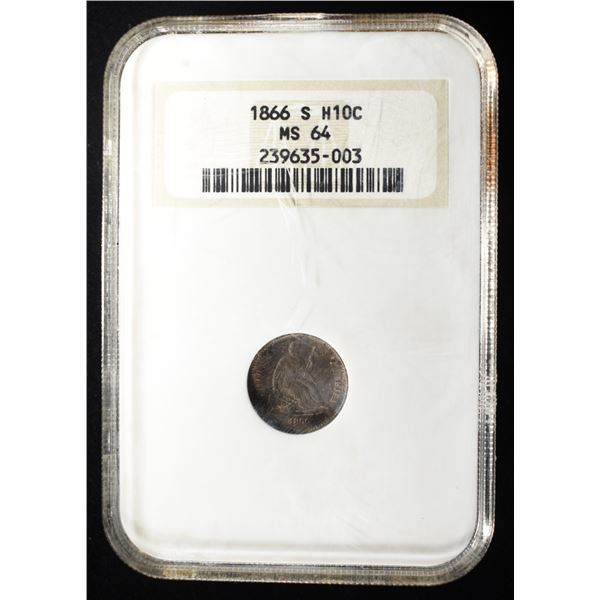 1866-S SEATED LIBERTY HALF DIME NGC MS64 TONED