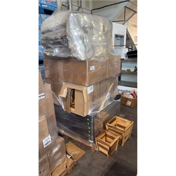 PALLET OF MIXED ITEMS INCL  HYDROFARM DEVAULT SQUARE WOOD PLANTERS, VORTEX PROFILTER,